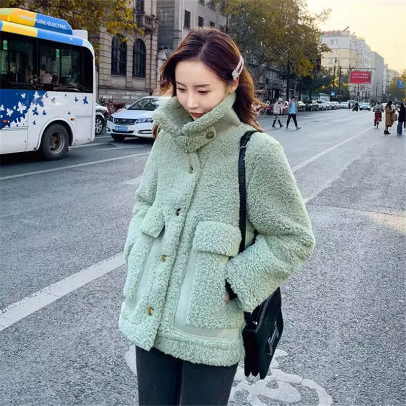 Winter Thick Warm Woolen Coat Women Casual Loose Turn-down Collar Lamb Plush Jacket Outerwear Clothing