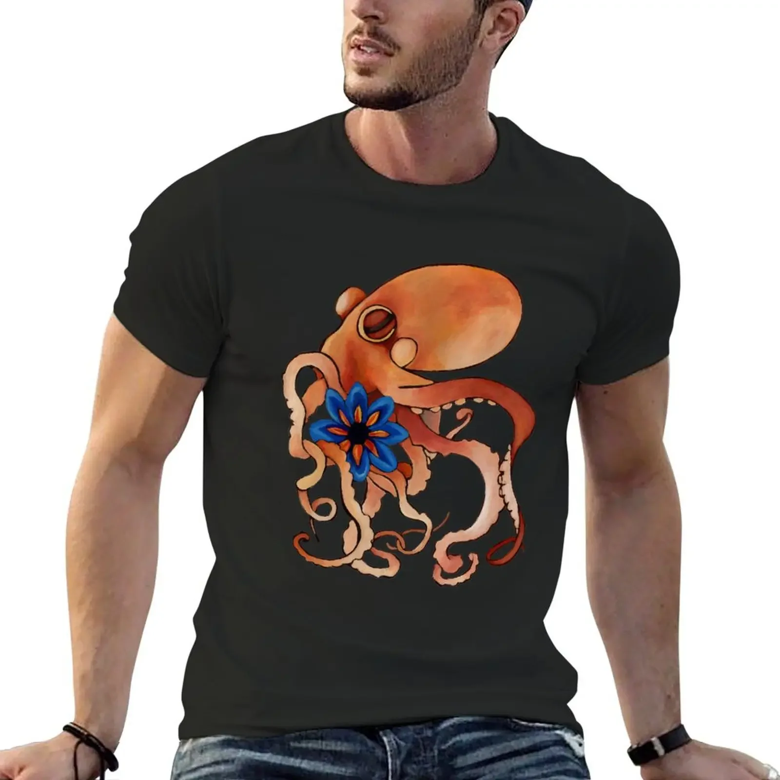 Octopus with blue dahlia T-Shirt graphics anime tshirt t shirt men 100℅ cotton