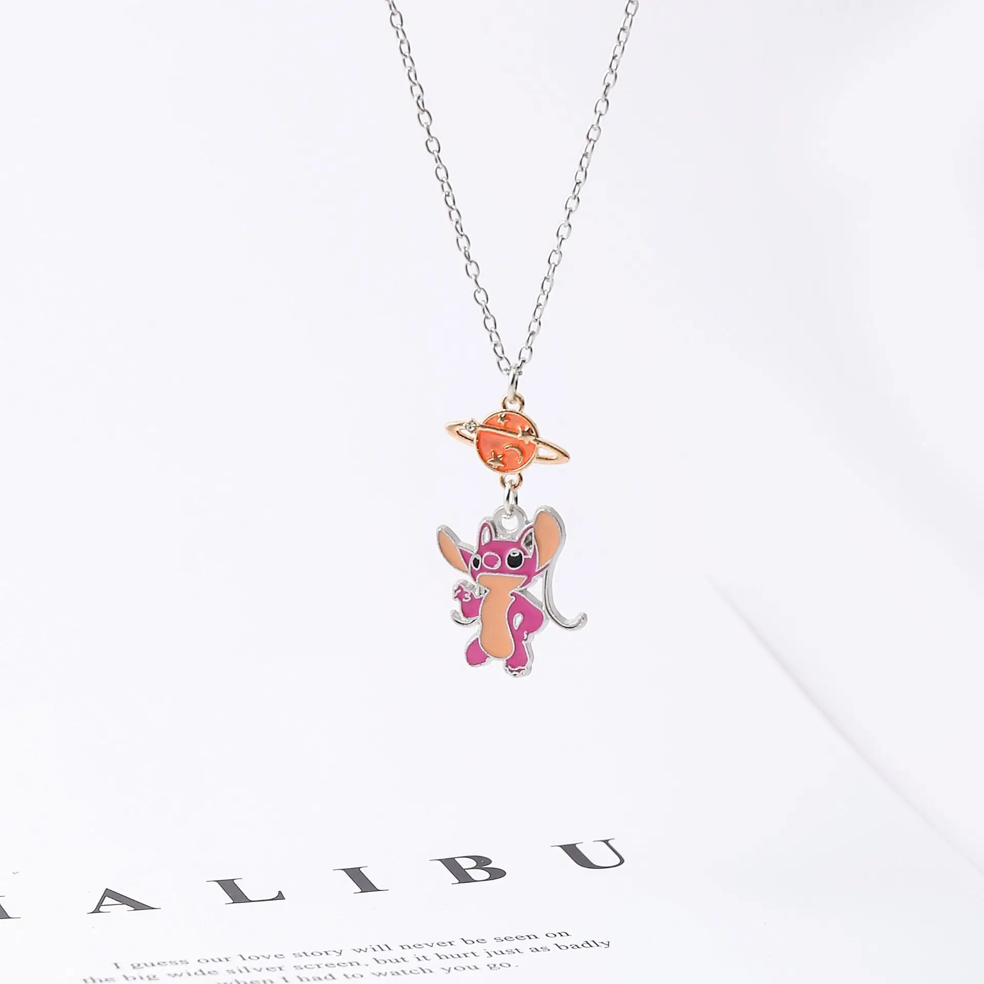 Disney Stitch Necklace Planet Cartoon Figure Angel Kawaii Pink Blue Saturn Pendant Jewelry Children's Accessories Birthday Gifts