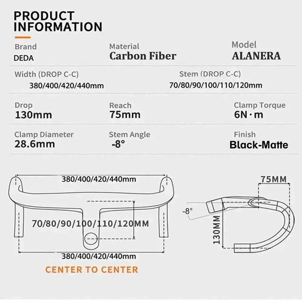 DEDA ALANERA Carbon Road 380-440mm Full Internal Wiring Integrated Handlebar 28.6mm Carbon Handlebars with Bike Comput Holder