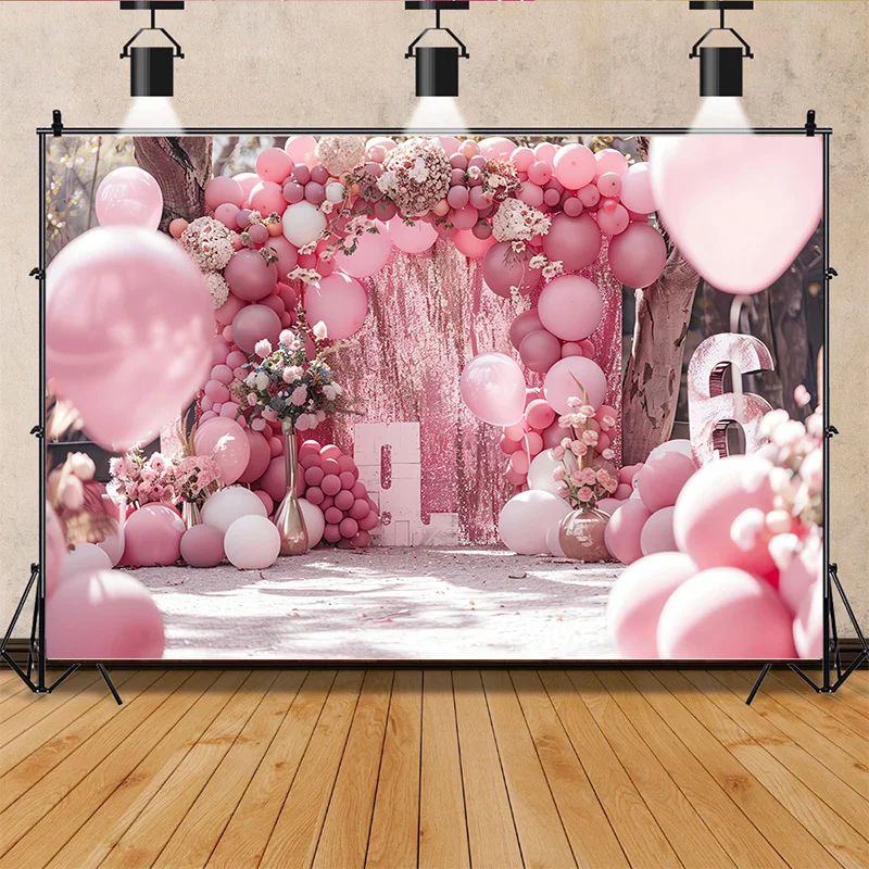 

SHENGYONGBAO Happy Birthday Photography Background Number Pink Bear doll Hydrogen balloon Floral Baby Party Backdrops SR-76