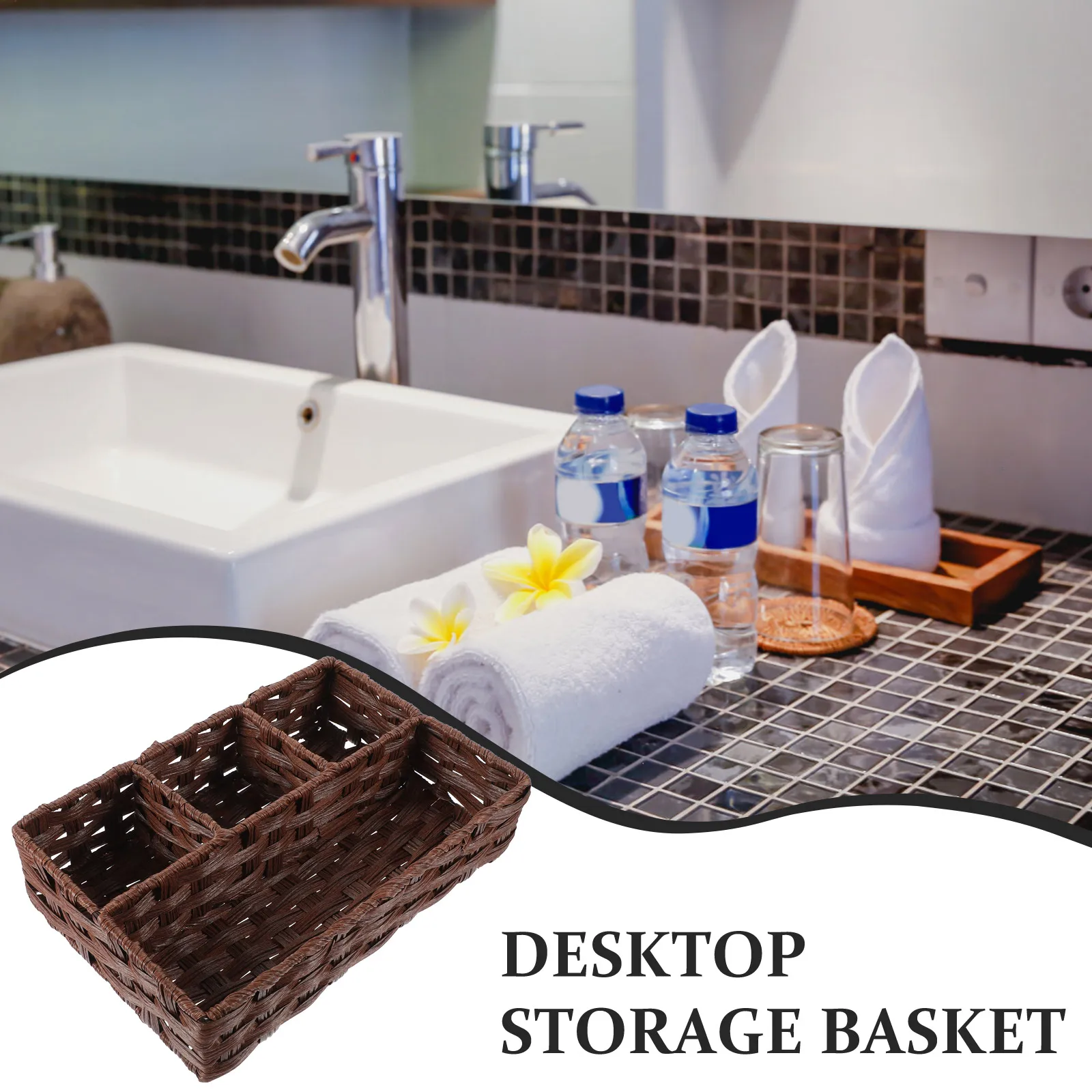 

Woven Storage Basket Imitation Rattan Rectangle Multi Compartment Sundry Organizer For Home Desktop Decorative Container Hand