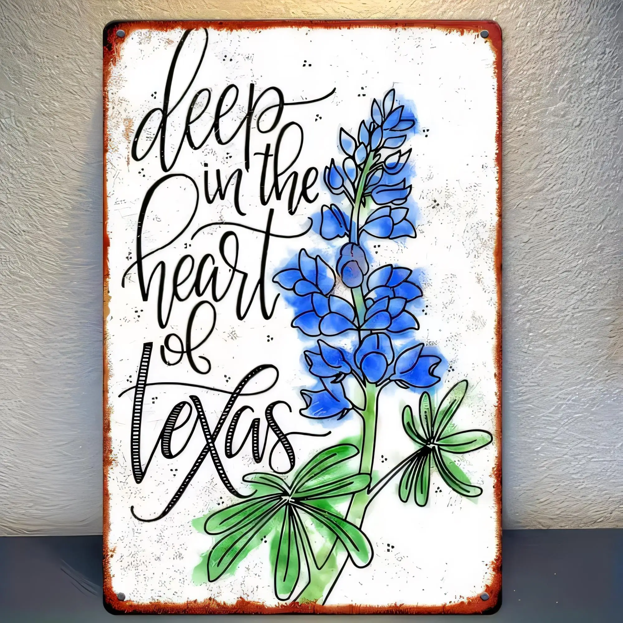 Tin Sign, Dear Ain’t the Heart of Texas Retro Floral Blue Flower Typography Metal Wall Art, Vintage Rustic Farmhouse Plaque for