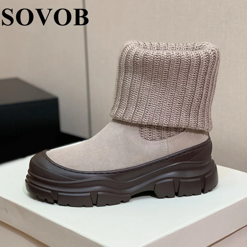 New Winter Color Blocked Flat Bottomed Thick Soled Short Boots Women Round Toe British Style Versatile Elastic Boots Snow Boots