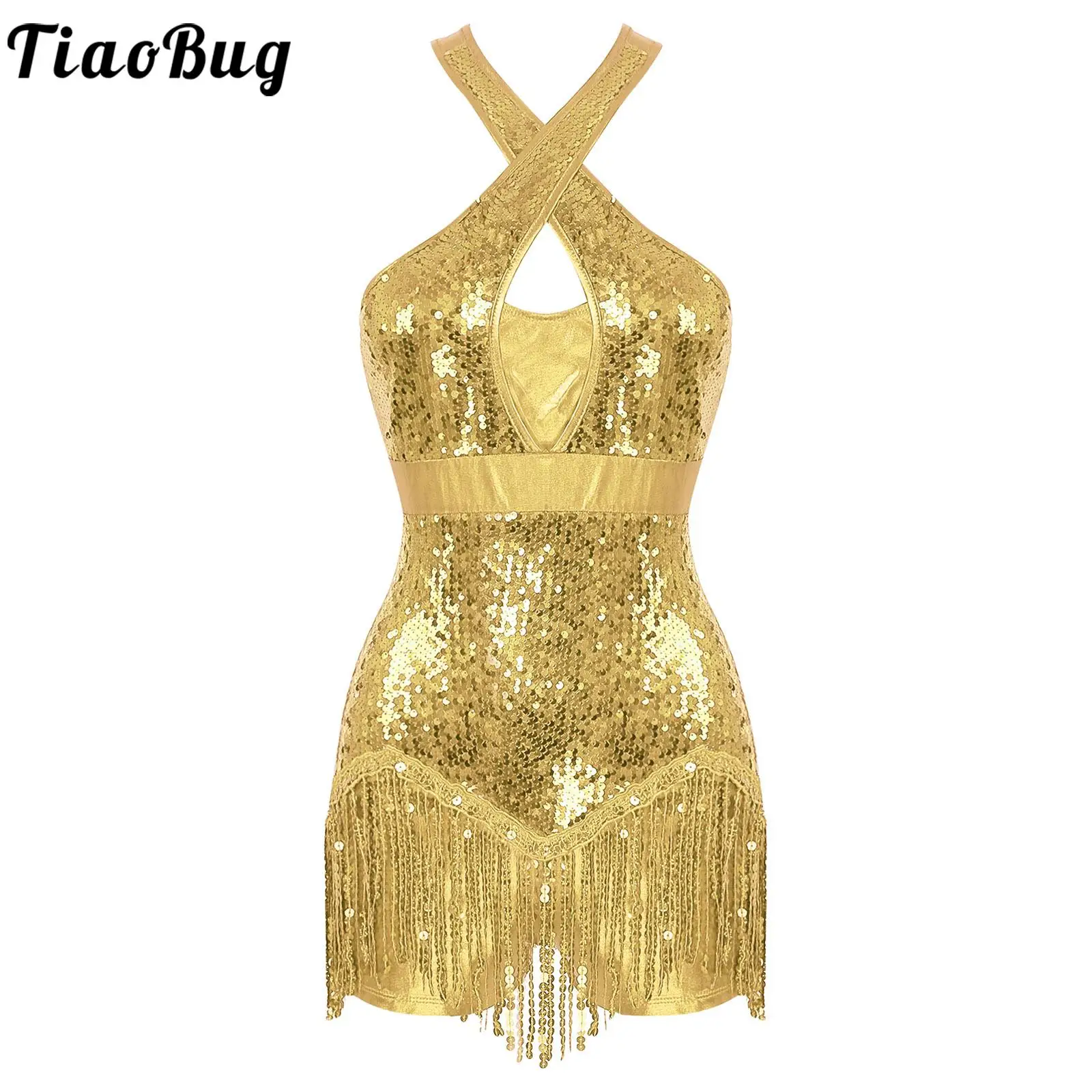 Women\'s Sequin Dance Dress Latin American Dance Costume Body Sleeveless Classical Samba Rumba Dresses Jazz Ballerina Dancewear