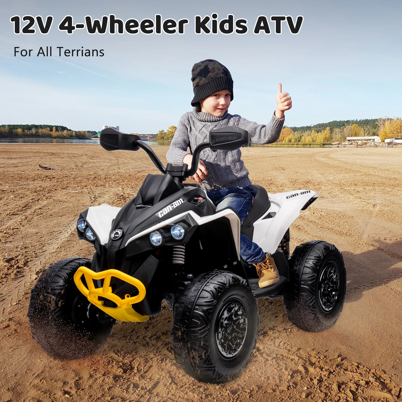 12V ATV voor kinderen, rit op speelgoedauto 4-wieler quad elektrisch voertuig, met LED-verlichting, volledig metalen ophangingen, Bluetooth, muziek, USB, schroefdraad