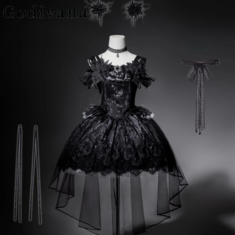

Girl's Original Black Lolita Dress Sexy Ballet Suspender Necklace Dress Full Set Women's Dance Stage Halloween Party Dress