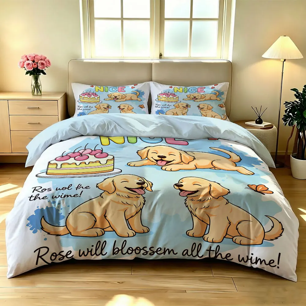 3‑Pieces Golden Retriever Puppy Cake Print Bedding Set Without Filler Duvet Cover 2 Pillowcases Soft Comfortable Machine Wash