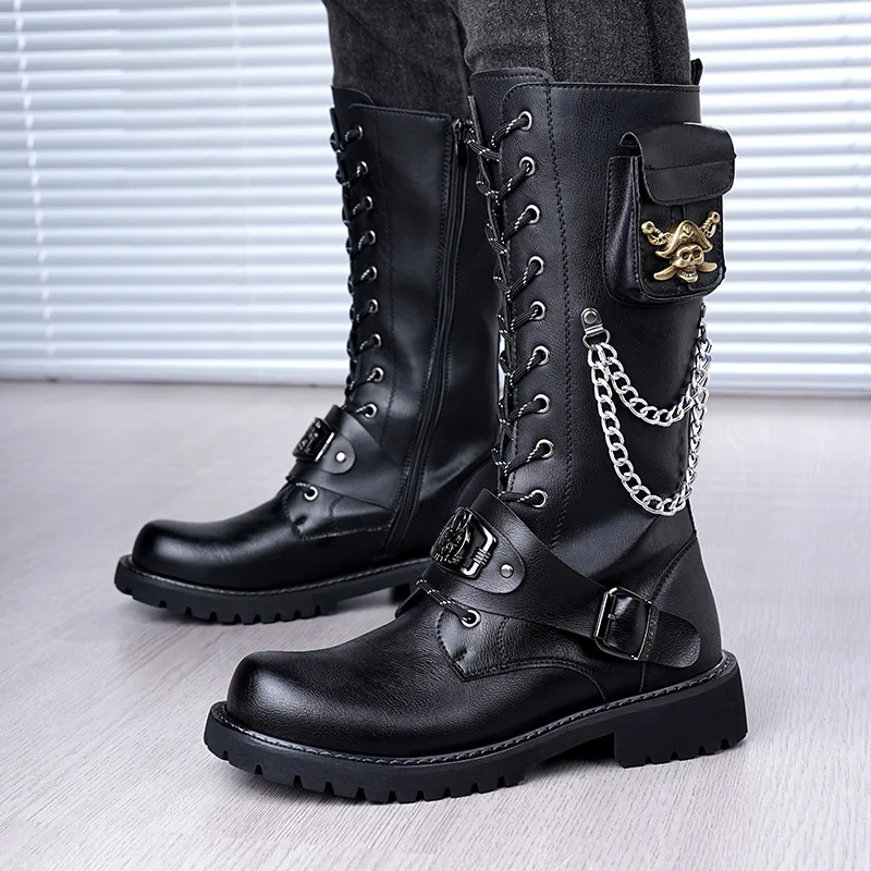 

2026 Rock Tall Men's Leather Skull Chain Lake-Up Cowboy punk Thick Bottom Trend Stage Knight Boots
