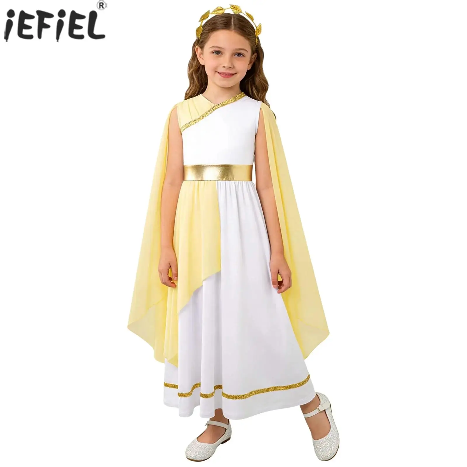 Kids Girls Ancient Greek Princess Costume Halloween Cosplay Grecian Roman Athena Toga Robe Sleeveless Flowy Tulle with Headwear