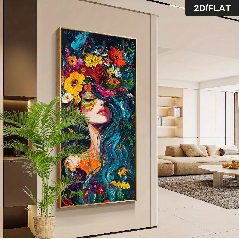 1pc frameless Canvas Painting 2D Flat Modern Abstract Floral Crown Women Portrait Canvas Wall Art - Frameless Vibrant Canvas Pri