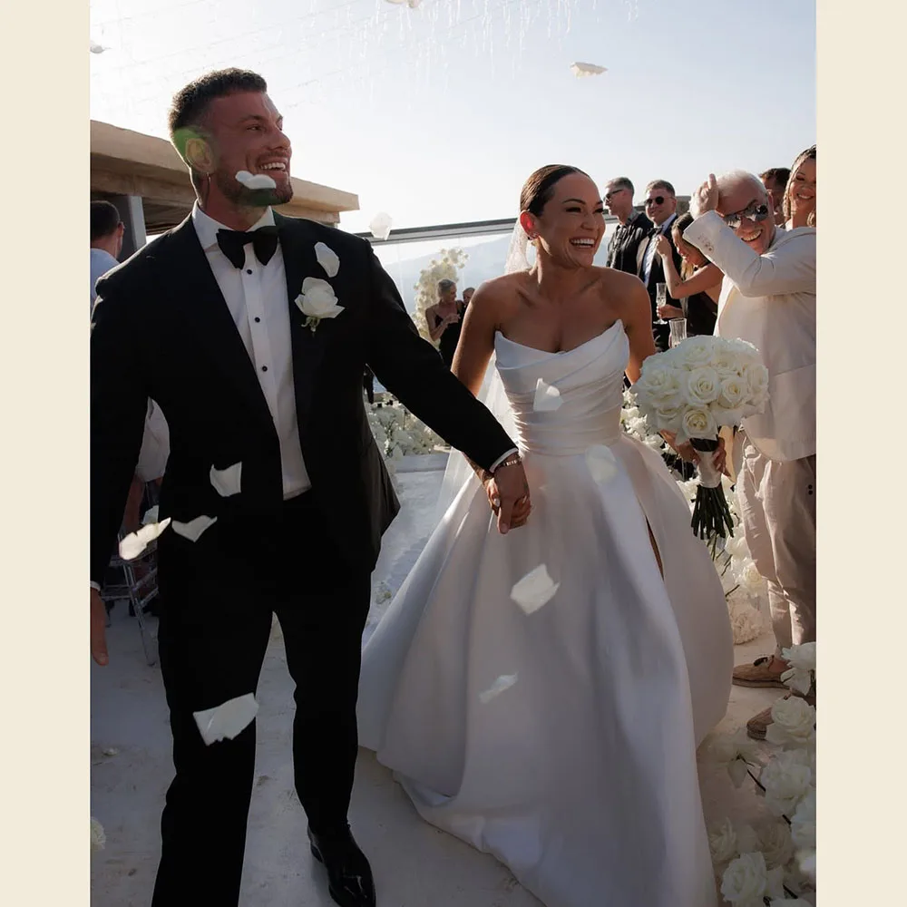 

Msikoods 2025 Satin Strapless Wedding Dress For Women Pleated Customized High Slit Bridal Gown Backless Classic Brides Dress