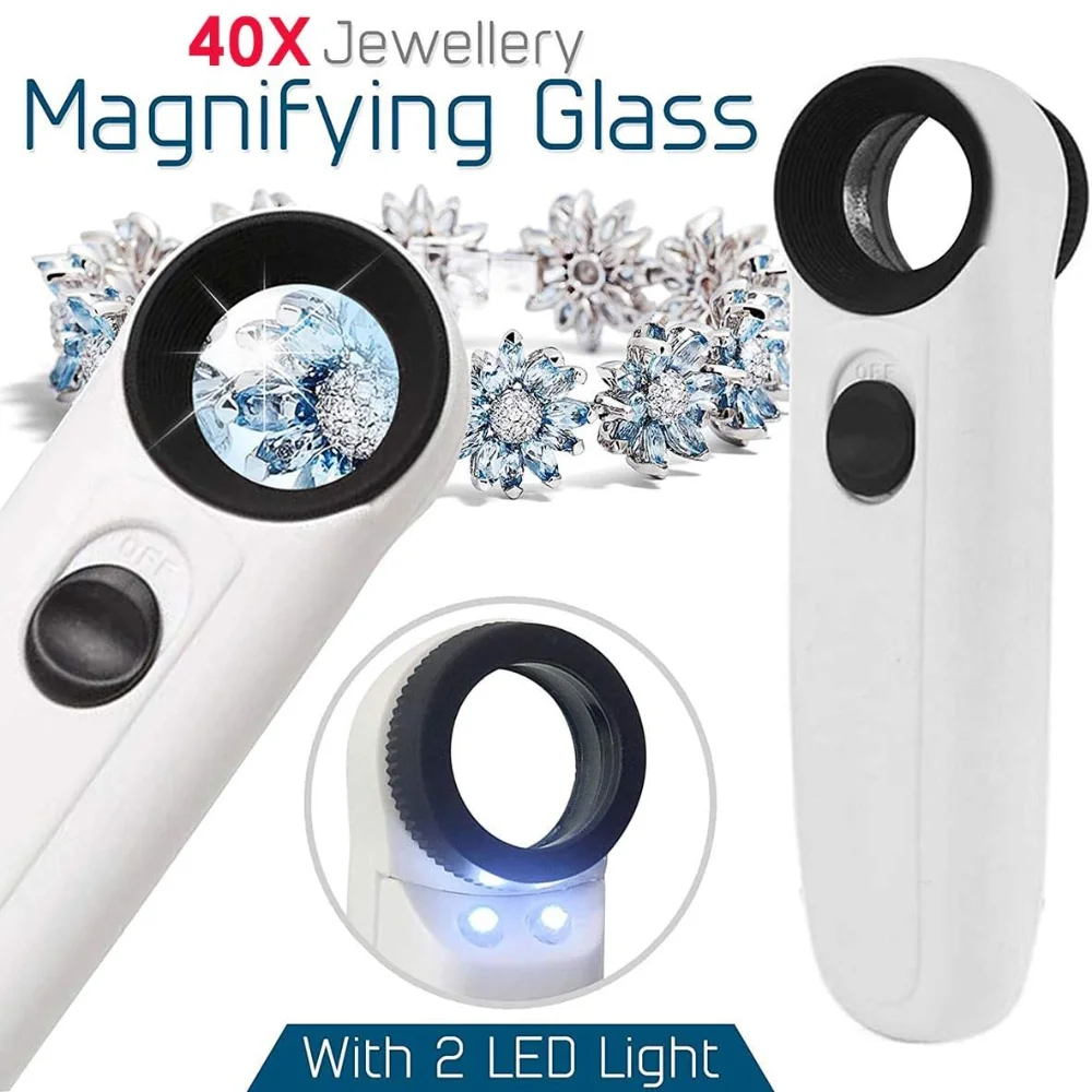 40X Handheld Magnifier With Two LED Lights Identification Jewelry Diamond Jade Mirror HD Magnifying Glass