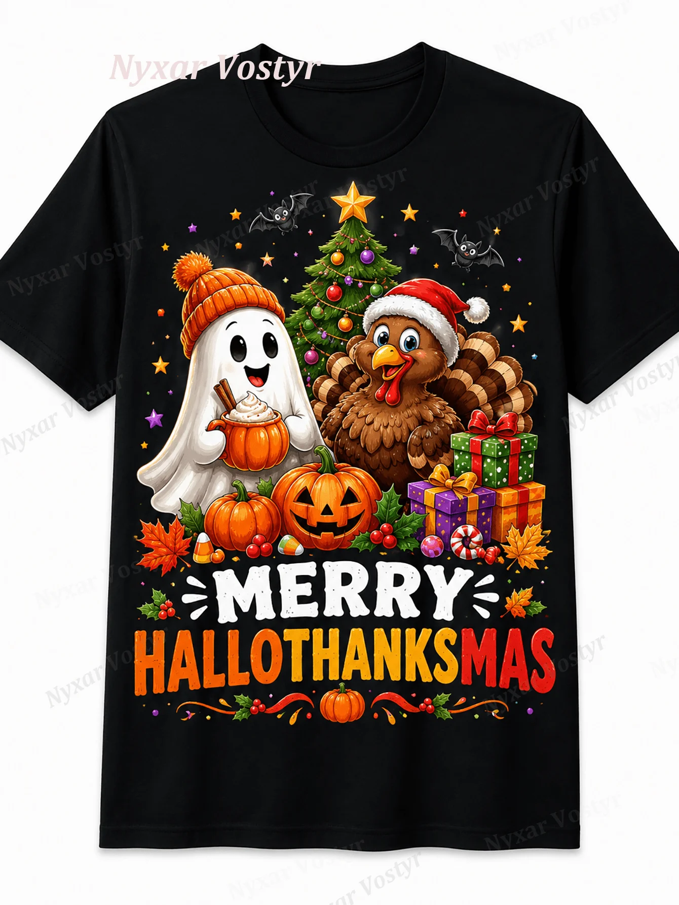 Men' & Women' Merry Hallothanksmas T-Shirt - Funny Turkey Pumpkin Xmas Crewneck Short Sleeve Cotton Tee Suitable for Fall, Thanksgiving, Christmas Gift, Casual Wear for, Year-Round Comfortable Daily Apparel