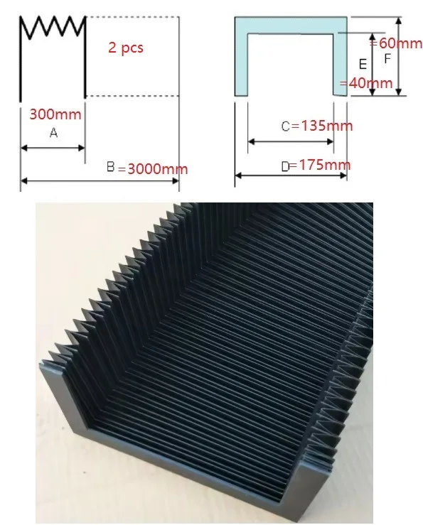 U type machine tools way cover bellows,width 135mmxheight40mmxLmax 3000mm, 2 pcs