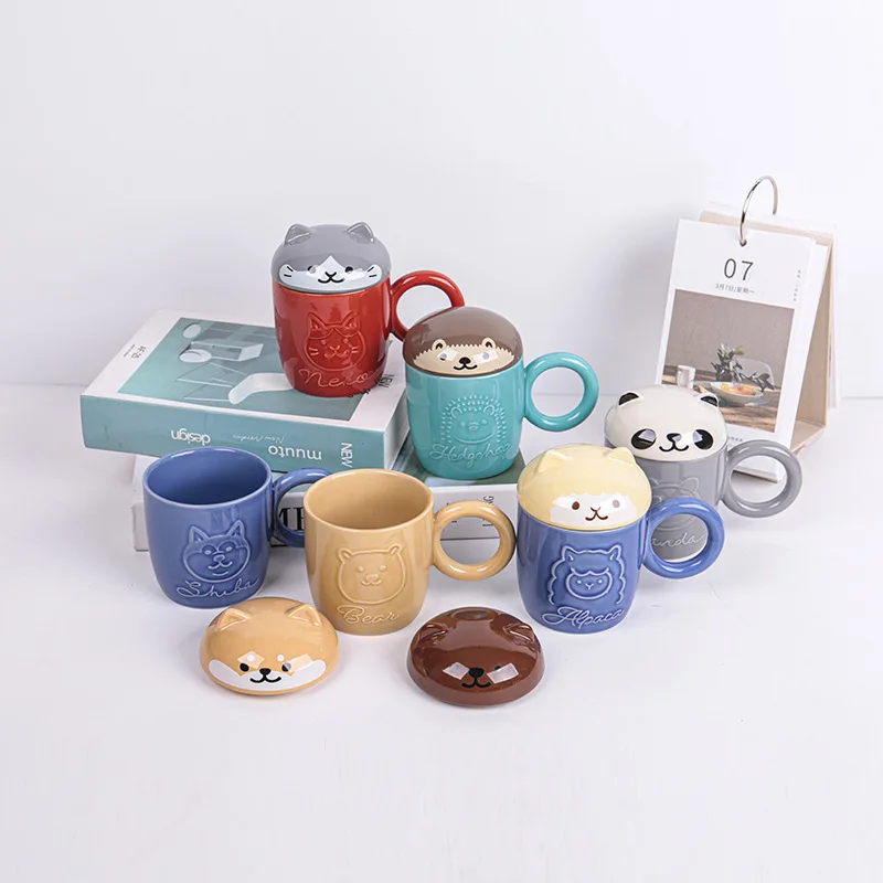 

Ceramic Cute Cat Shiba Inu Coffee Mug Cartoon Animal Water Mug with Lid Home Children's Breakfast Oatmeal Milk Mug Holiday Gift