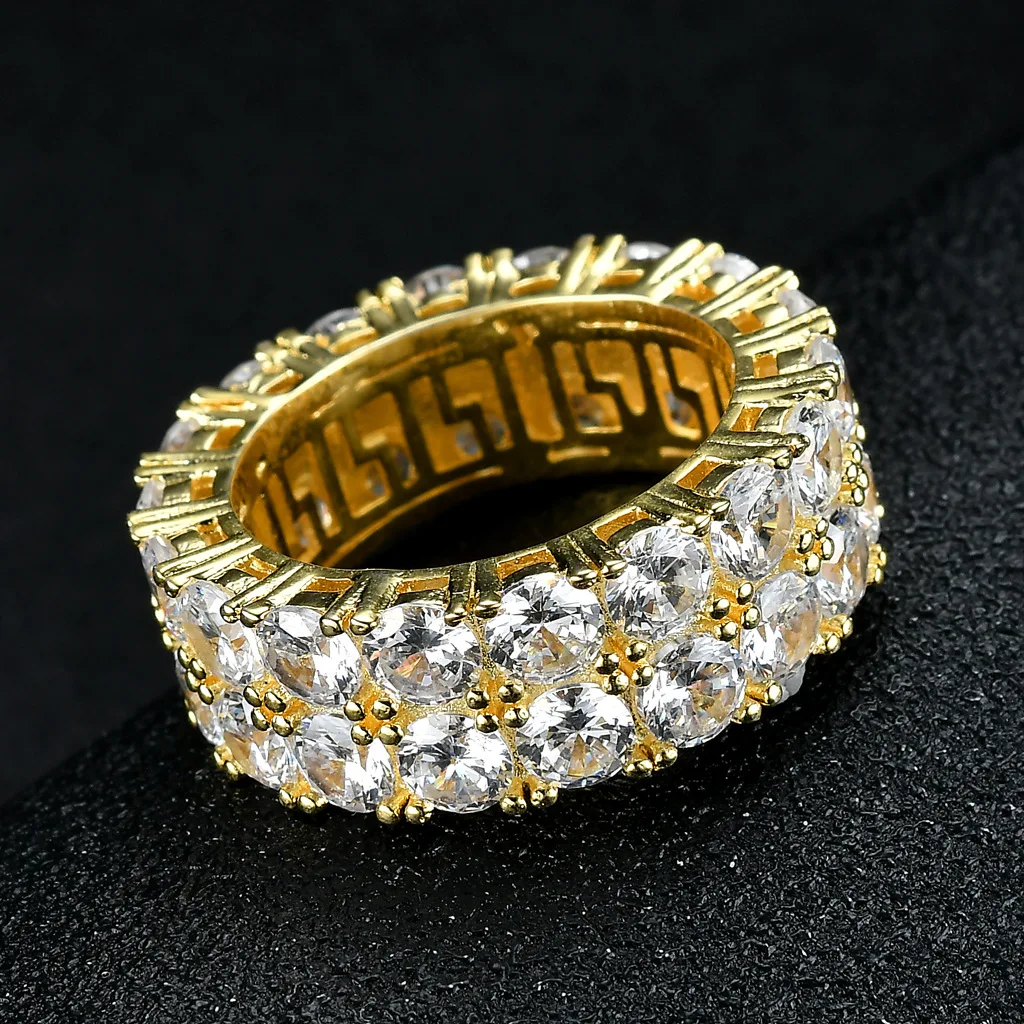 Luxury 24K 9999 Pure Gold real gold Hip-hop double-row diamond men's and women's ring