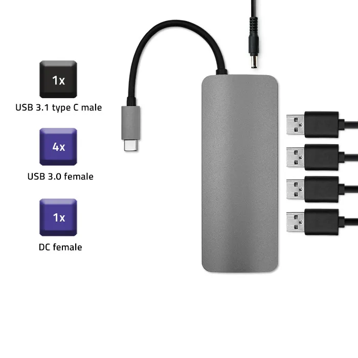 Qoltec Hub USB-C 3.1-adapter 5w1 | 4x USB 3.0 | DC
