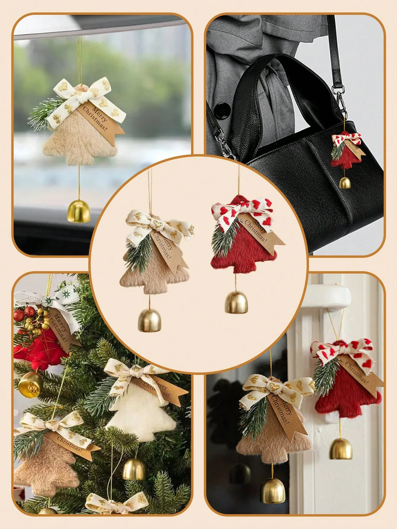 Festive Christmas Car Ornament, Plush Tree, Gold Bell & Bow, Cute Holiday Hanging Decoration, Car Rearview Mirror, Home, Door, P