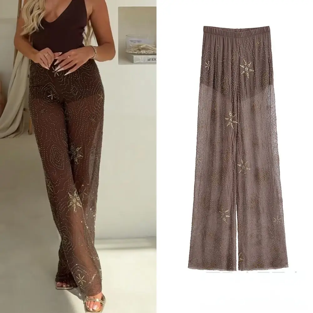 KONDALA Sexy Chic Women Transparent Pants Sequins Straight Wide Leg Pants Fashion 2025 Spring Summer Holiday Party Trousers