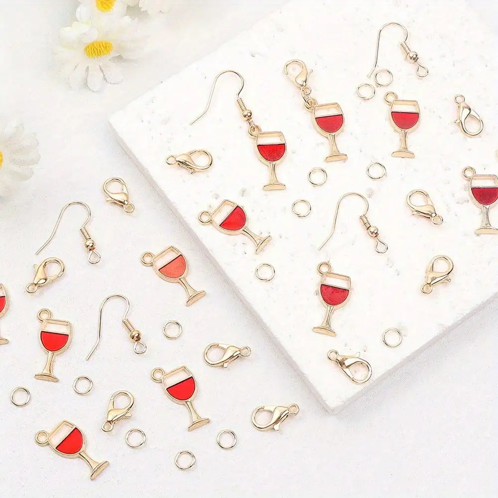 25/50/100pcs Red Wine Cup Shaped Enamel Pendant&chain Accessory, Can DIY Hawaiian Beach Vacation Jewelry Making Accessories