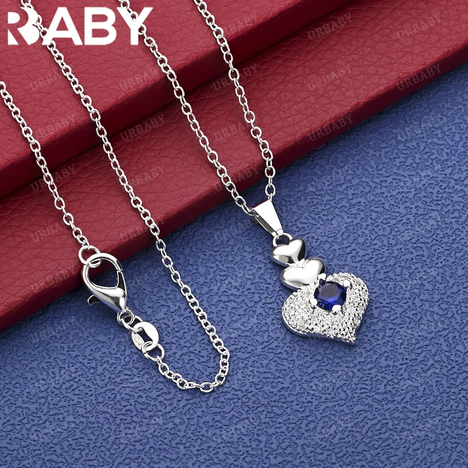 

URBABY 40-75cm 925 Sterling Silver Blue Zircons Hearts Pendant Necklace Charm Trend Birthday Gifts Fashion Party