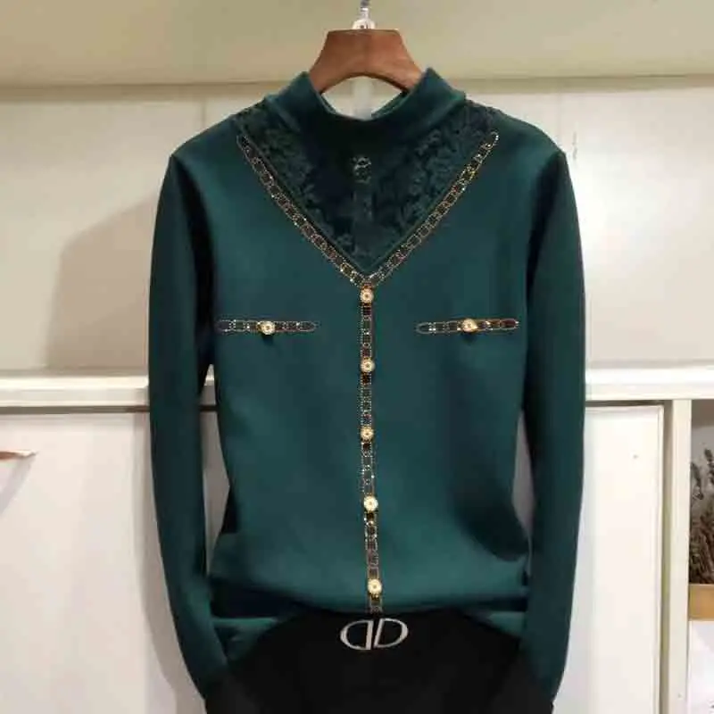 Elegant Vintage Women Fleece Bottoming T-Shirt Autumn Winter New Warm Patchwork Lace Mesh Fashion Casual Turtleneck Slim Tops