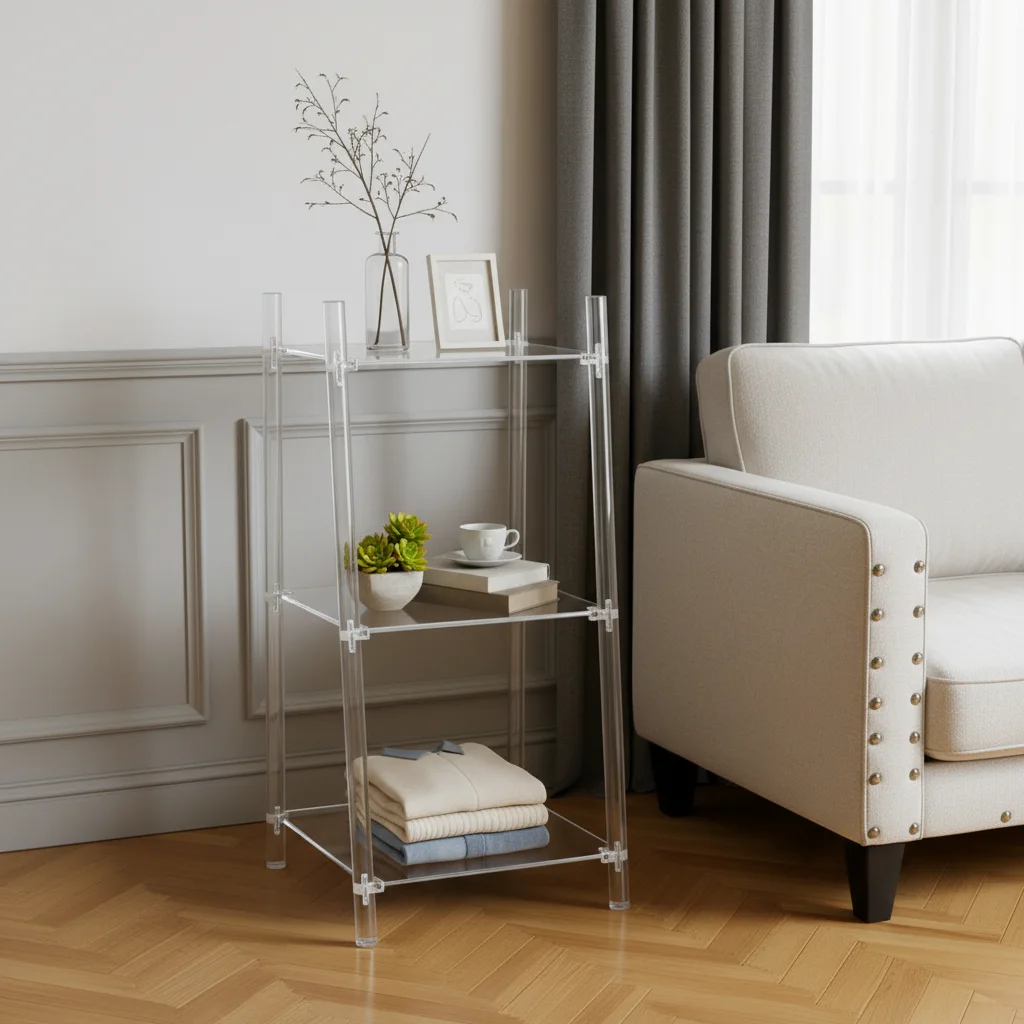 

Acrylic Ladder Bookshelf 3 Tier, Clear Modern Bookcase for Living Room, Office, Bathroom, Space Saving Display Shelf