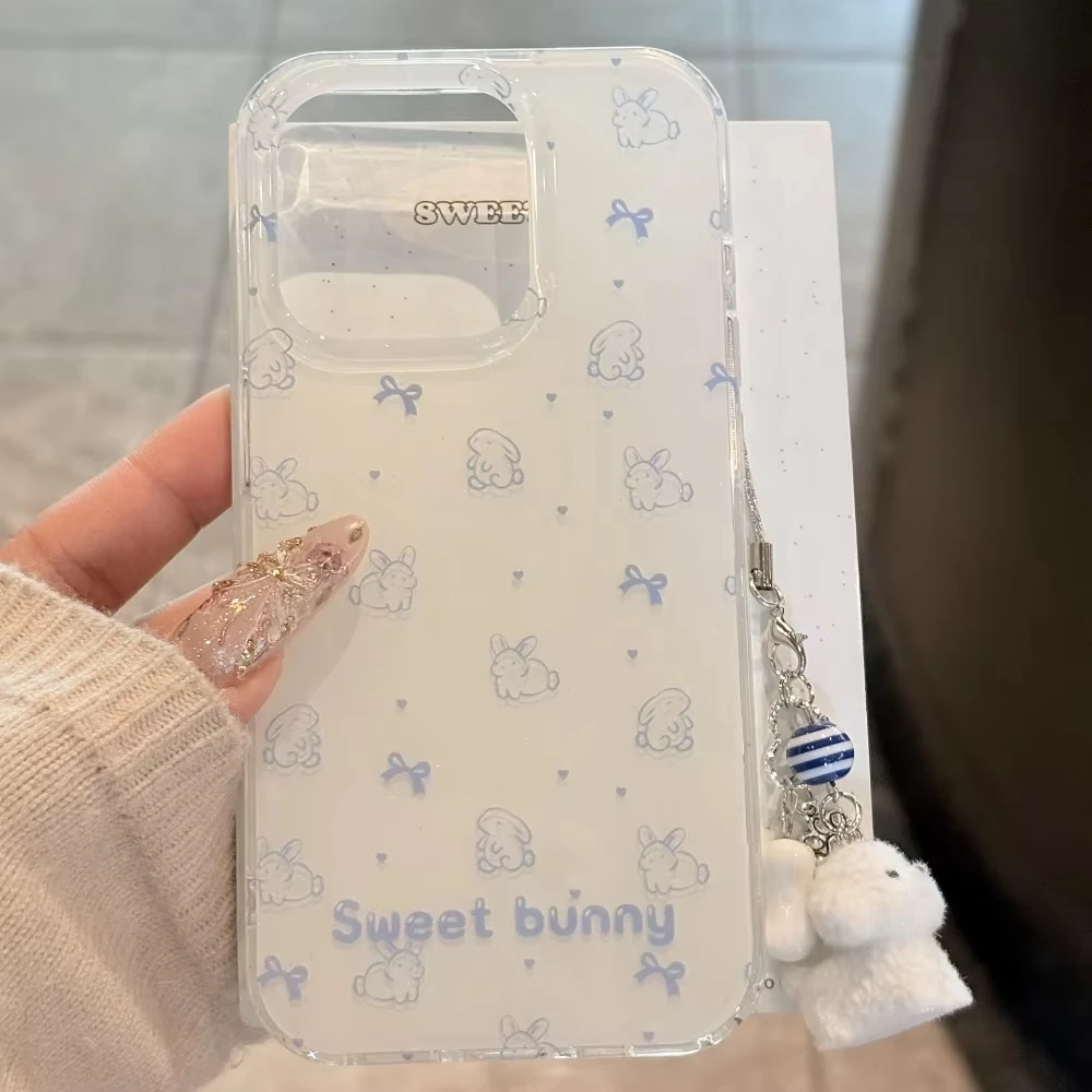 Чехол для телефона Kawaii Cartoon Lines Bunny Bowknot Love для iPhone 16 ProMax 15 14 Plus 13 12 11 Pro, противоударная силиконовая задняя крышка
