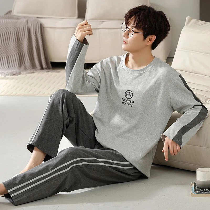 

2025 Spring Autumn Long Sleeve Cotton Pajama Sets for Men Korean Loose Sleepwear Suit Pyjamas Male Homewear Lounge Home Clothes