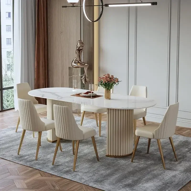 Oval Glossy Rock Board Dining Table Light Luxury Dining Table And Chair For Large Villa Nordic Simple Home Furniture HY50CT