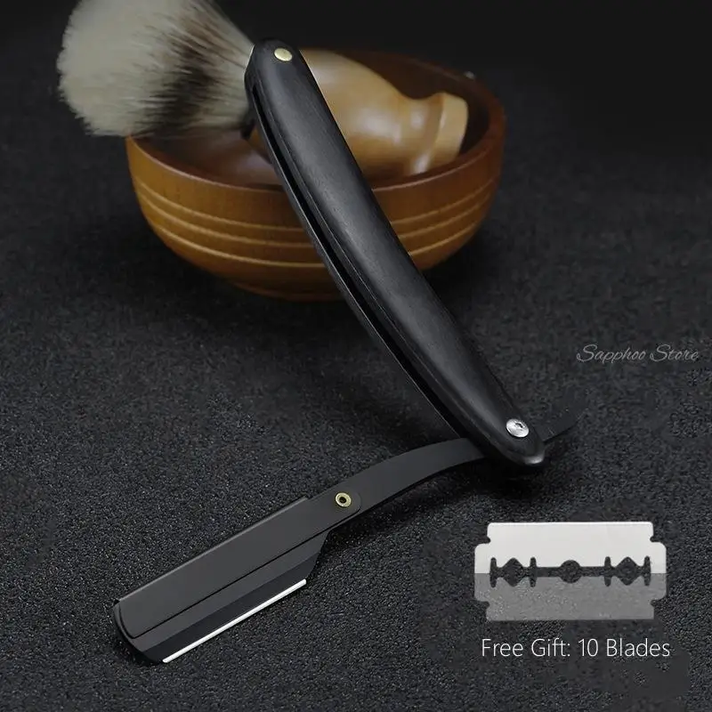 Men Shaving Barber Tools Stainless Steel Hair Razor And Blades Folding Shaving Knife Holder Black Wood Handle Free 10pcs Blades