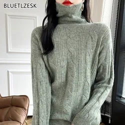 Turtleneck Sweater Women's 2024 Autumn/Winter New 100% Wool Cashmere High Collar Knit Pullover Loose Large Size Female Clothing