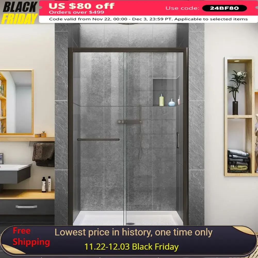 

Shower Door, 44-48“ X 72”, Semi-Frameless Sliding, Oil Rubbed Antique Bronze Clear Glass with Hanging Handle,Sliding Shower Door