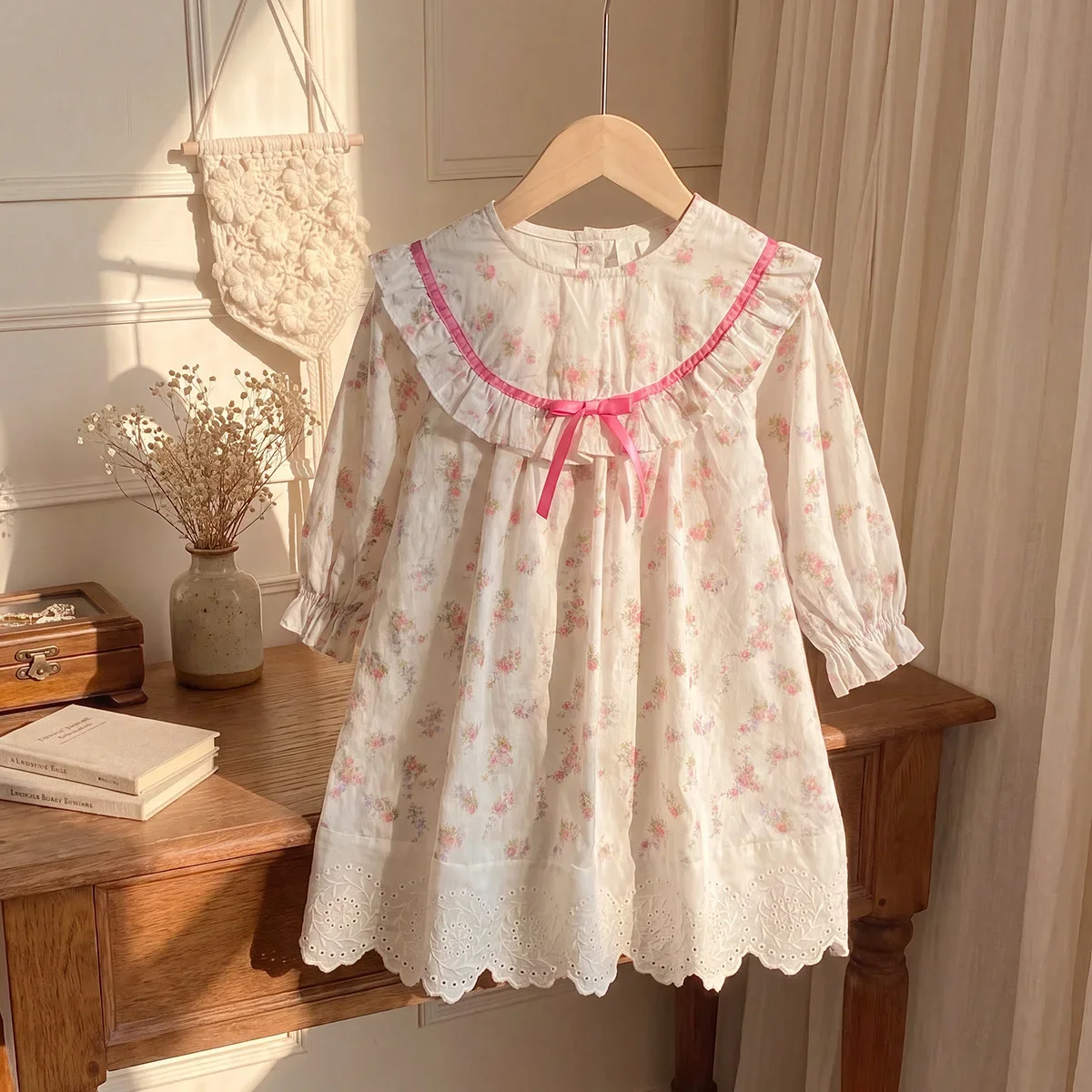 Pink Floral Sweet Princess Dress Spring and Autumn Pastoral Style Little Girls Dresses 2-7-years-old Casual Children's Clothing