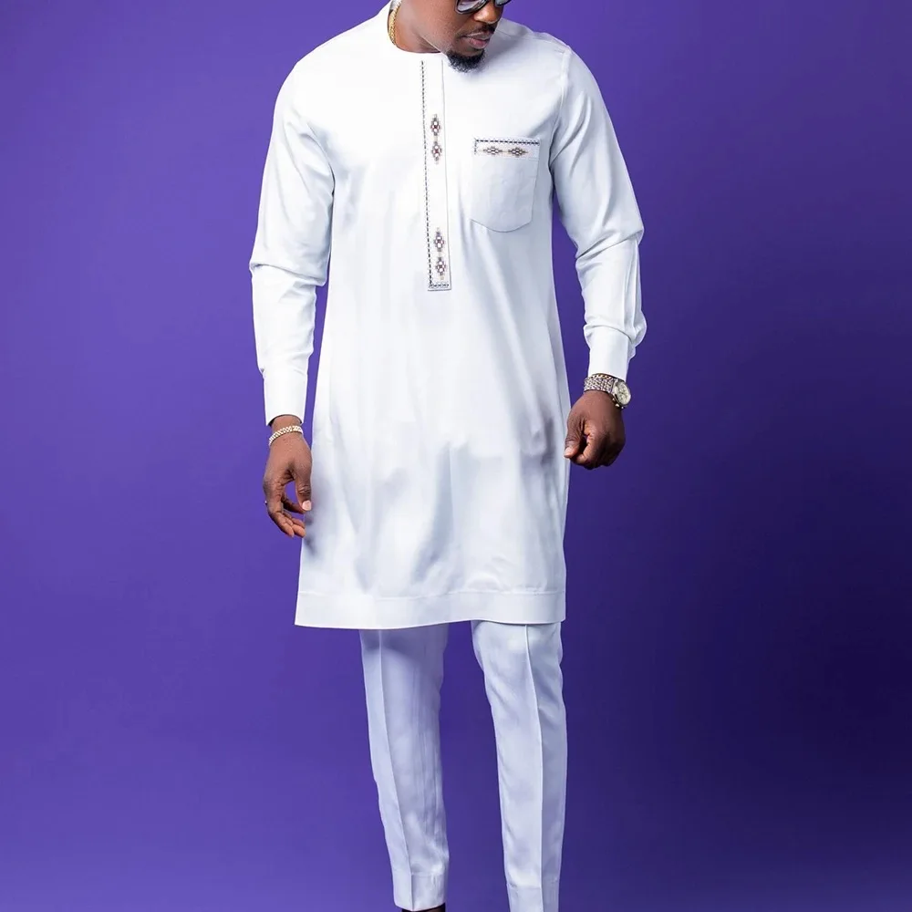 Muslim Men's Ethnic Style Pure Color Embroidered Suits with Long Sleeves and Long Trousers Casual Two-piece Set in Dubai, Arabia