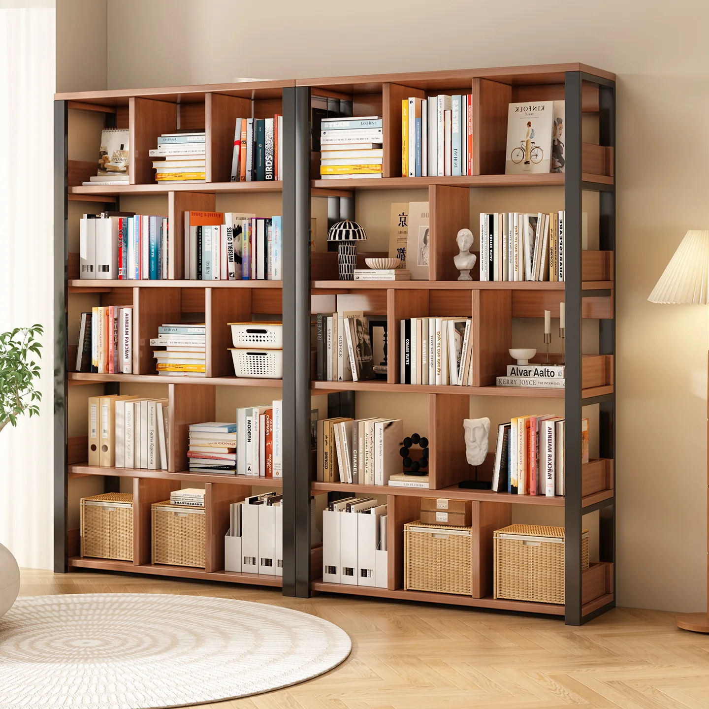 Shelves Multi-layer shelves Office bookcases Display cabinets Steel and wood bookshelves Integrated wall-to-wall wrought iron