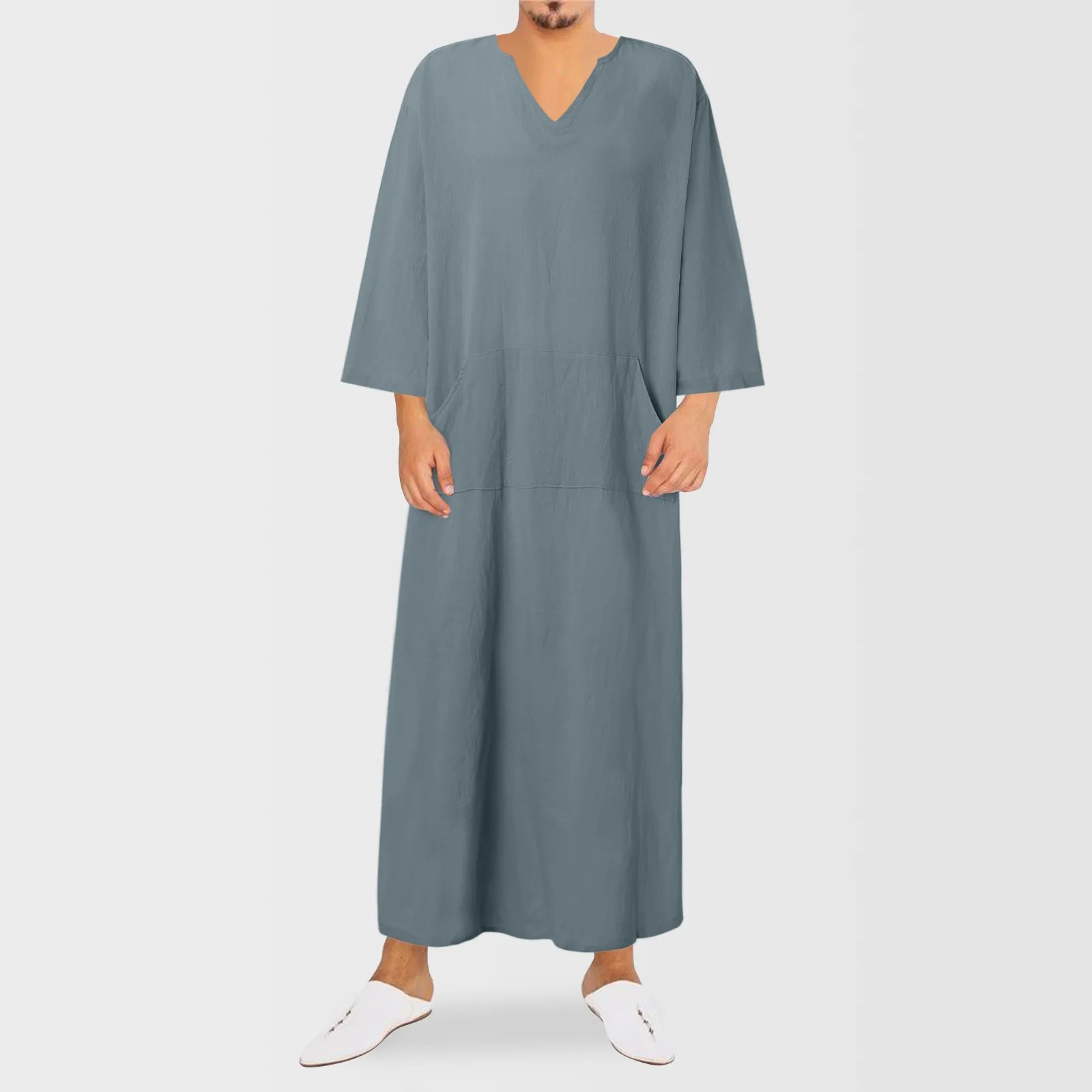 Men Long Sleeve Aman Abaya Jubba Thobe For Men Kaftan Pakistan Muslim Saudi Arabia V Neck Islam Clothing Prayer Robe Afghan