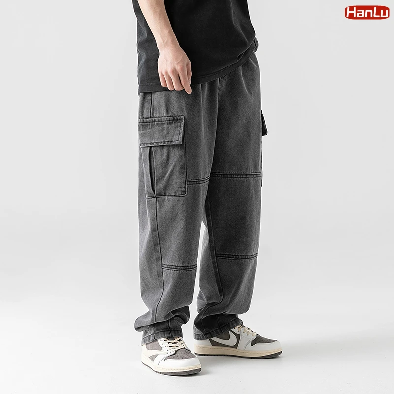 Hanglu-レトロな色あせたパンツ,ワイドレッグ,ルーズフィット,ポケット,ヒップホップ,ストリート,デニム,日本,2023