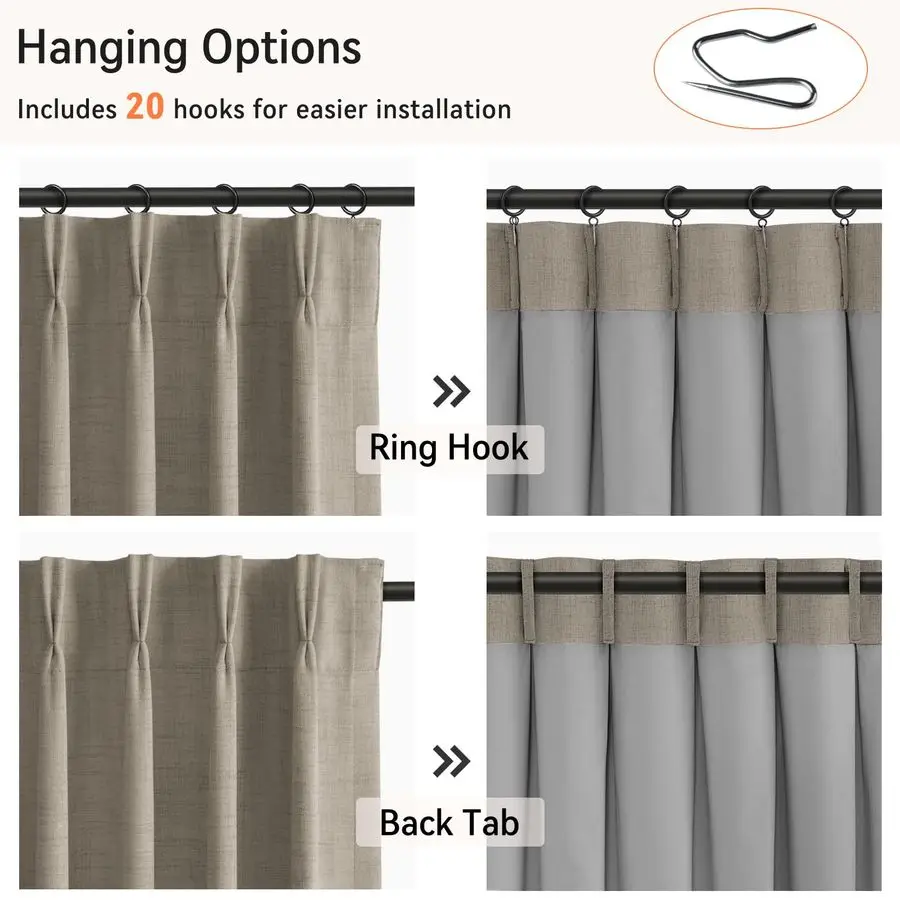 폴리에스터 핀치 플리츠 커튼 암막, 후크가 있는 플리츠 드레이프 96인치 길이 2패널 세트, 폴리에스터 암막 커튼