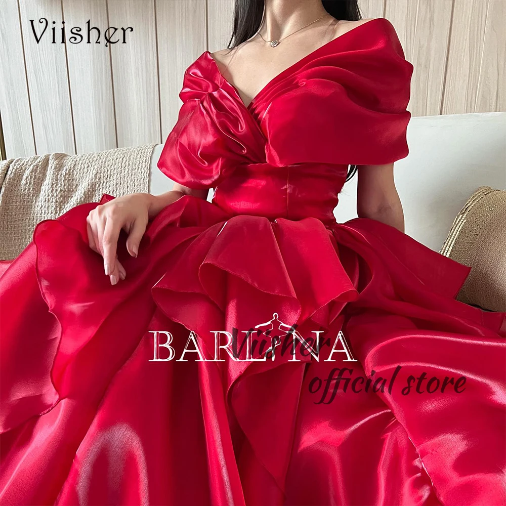 

Red Organza Off Shoulder Evening Dresses A Line Long Arabic Dubai Prom Party Dress Floor Length Womens Wedding Guest Gowns