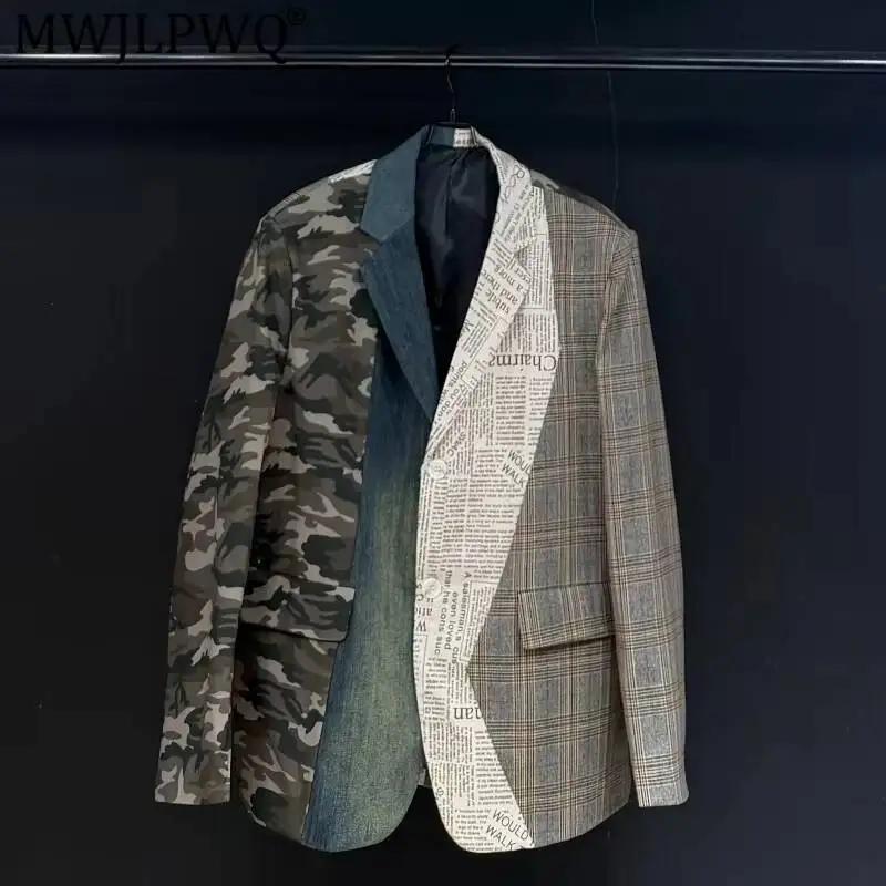 MWJLPWQ American Retro Camouflage Plaid Patchwork Men's Blazer Single Breasted Long Sleeve Loose-Fitting Casual Tops New 17364