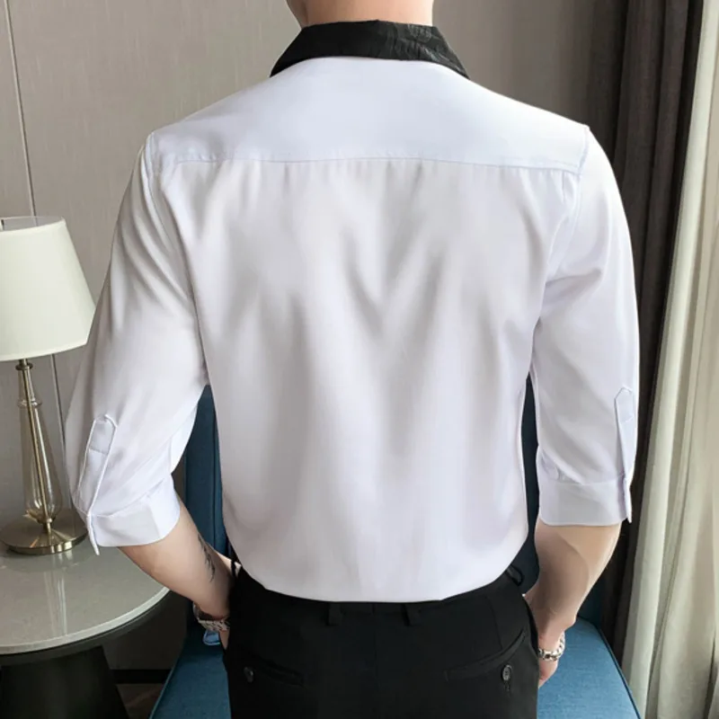 2022 Jacquard Stitching Shirts For Men Half Sleeve Slim Casual Shirt Social Party Tuxedo Chemise Homme Streetwear Men Clothing