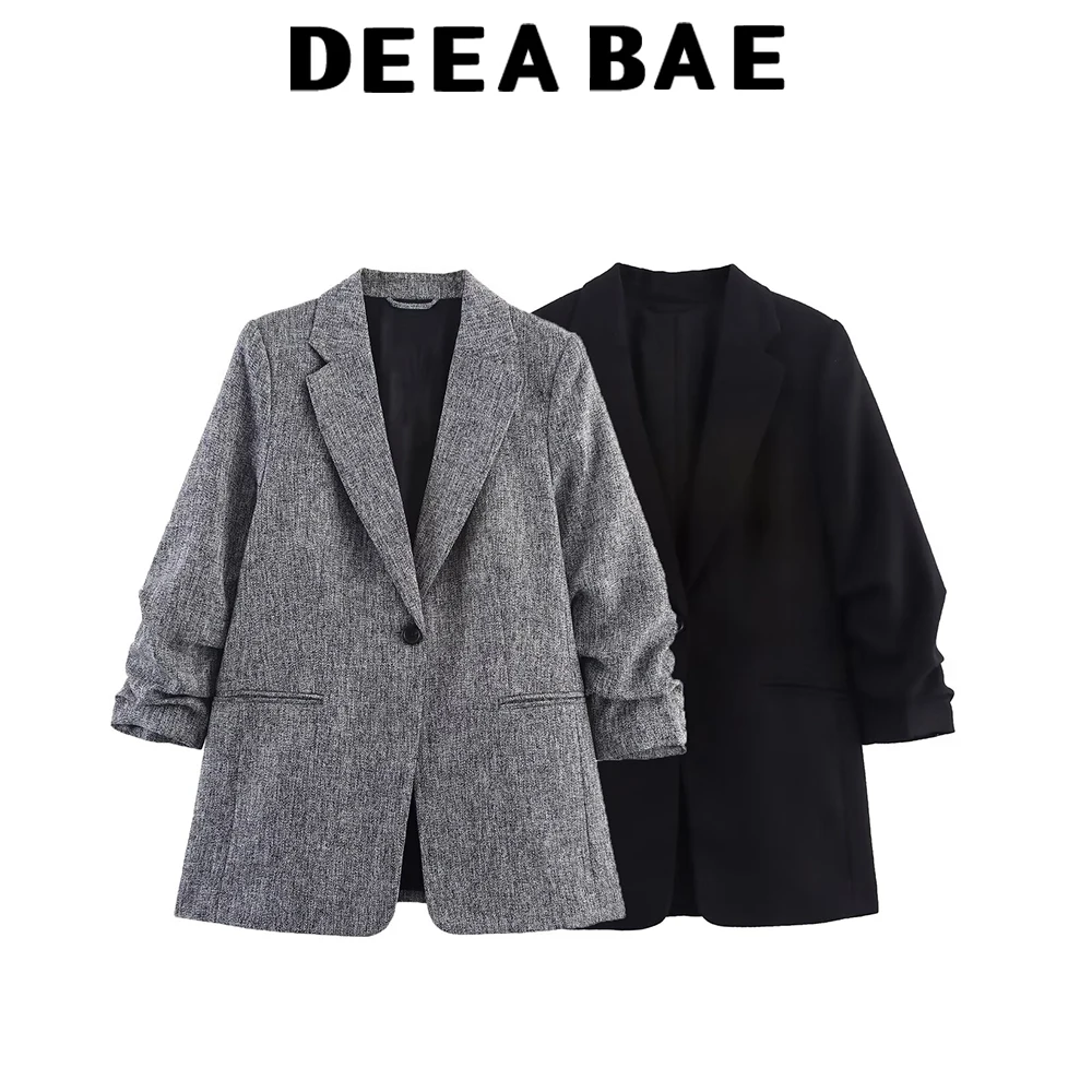 

DEEABAE Autumn new women's clothing retro loose temperament simple fashion versatile pleated sleeves casual suit jacket