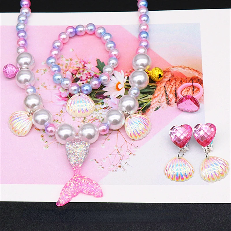 2/5 stücke Mädchen Schmuck Sets Meerjungfrau Perle Halskette Armband Ring Ohrring Set Kinder Spielzeug Kinder Prinzessin Mode Zubehör mädchen