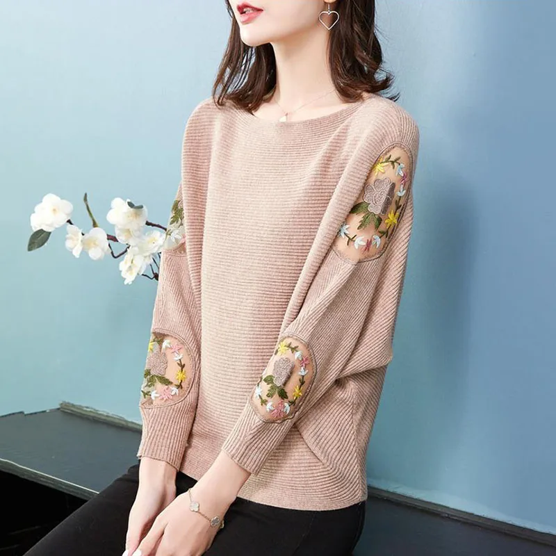 Women Autumn Bat Wing Sleeve Knitted Pullover Causal Loose Female Slash neck Pull Jumpers  Korea Tops Sueter mujer