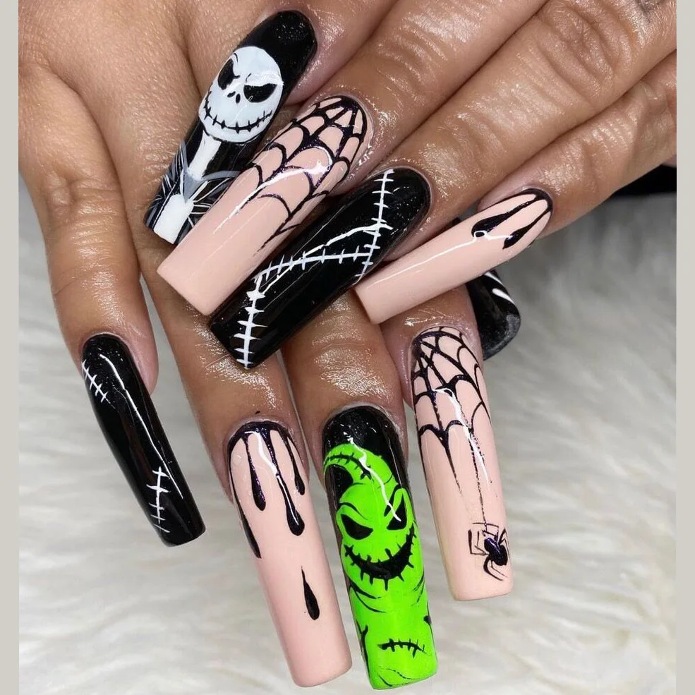 24 pcs yellow and green skull long T coffin fake nail piece Halloween Festival black wear nail press on nails