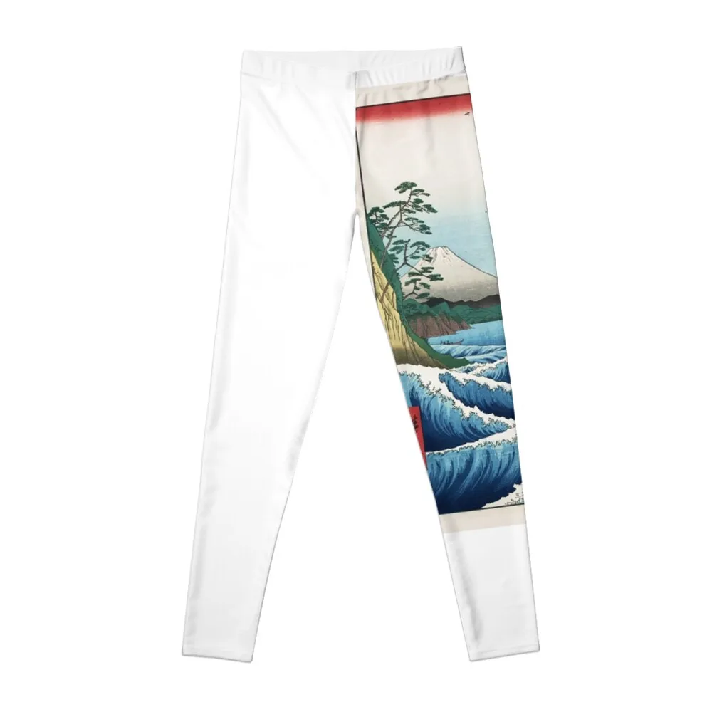 

Hiroshige the Sea off Satta Japan with volcano, crashing waves and fishermen by Japanese ukiyo-e artist nature vintage Leggings