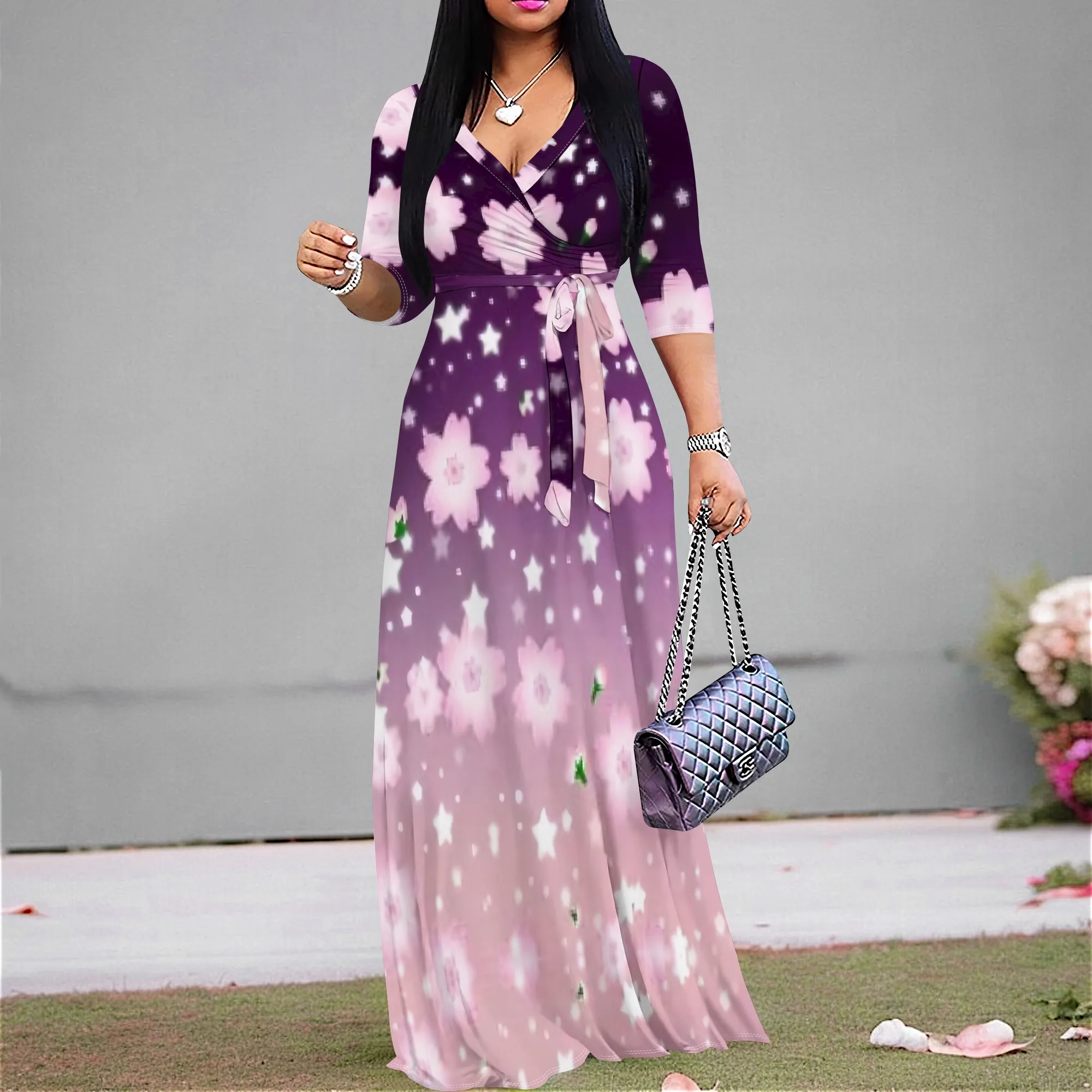 

Floral Print Maxi Dress S-3XL V-Neck Wrap Style, 3/4 Sleeve, Tie Waist for Wedding, Evening Party, Spring Occasion 2025