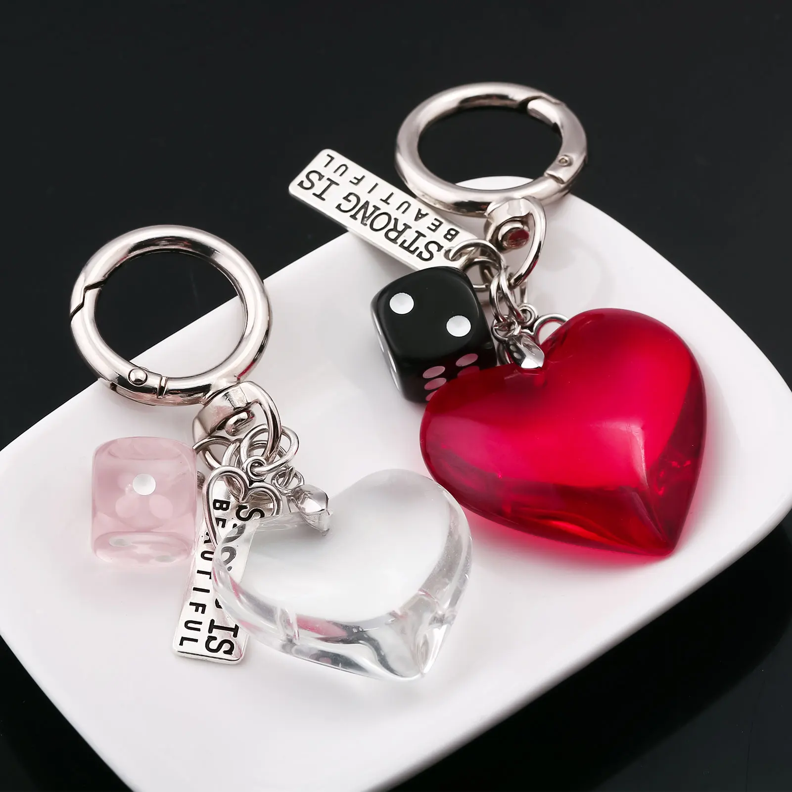 Y2K Red Heart Black And White Dice Keychain Valentine's Day Gift Wallet Bag Charm Car Gothic Cute Key Chain Jewelry Accessories